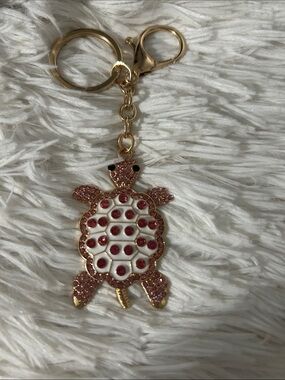 Gold Turtle Keychain with Pink Rhinestones and White Enamel